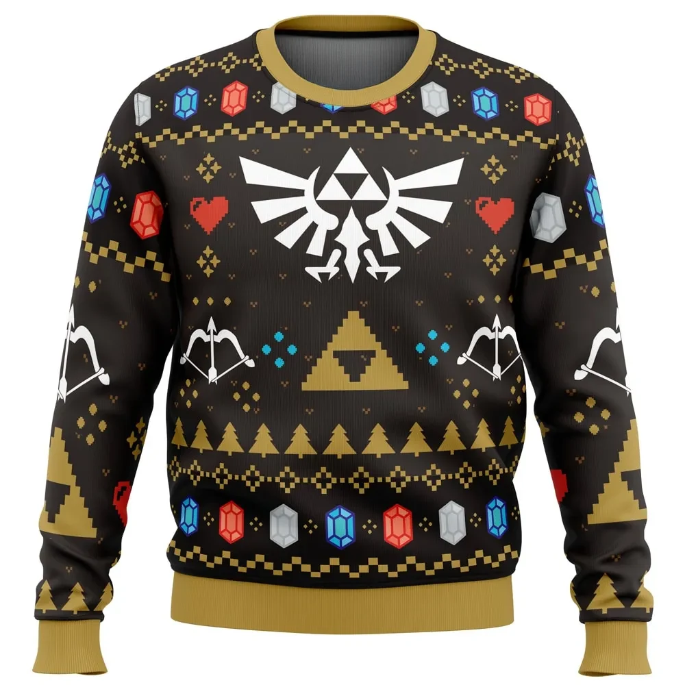 Christmas Hero Legend of Zelda Ugly Christmas Sweater, Zelda Triforce Holiday Sweater, Hylian Crest and Rupees Pullover, Gamer Xmas Gift