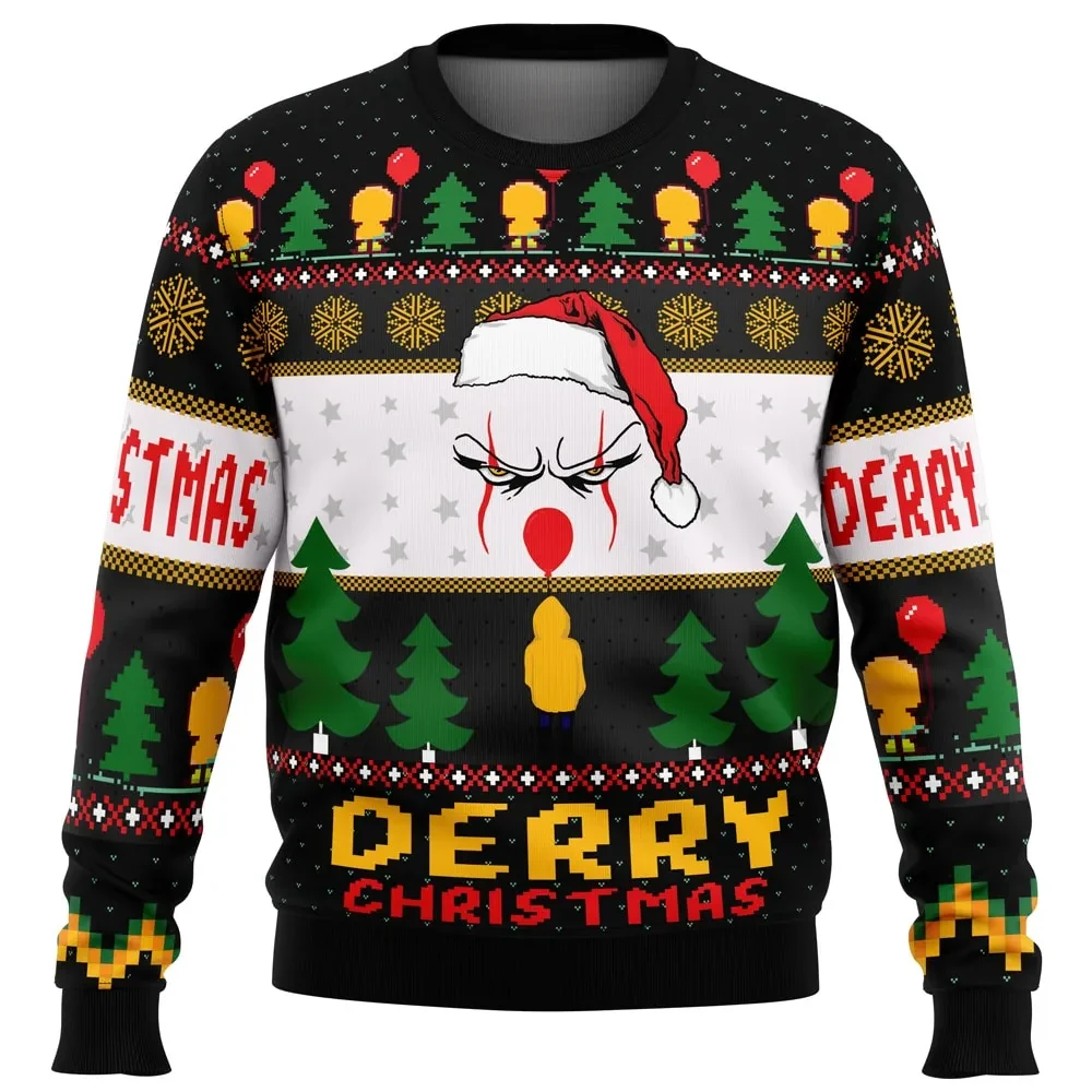 Derry Christmas Pennywise Ugly Christmas Sweater, IT Horror Movie Holiday Sweater, Red Balloon Clown, Horror Xmas Gift for Fans