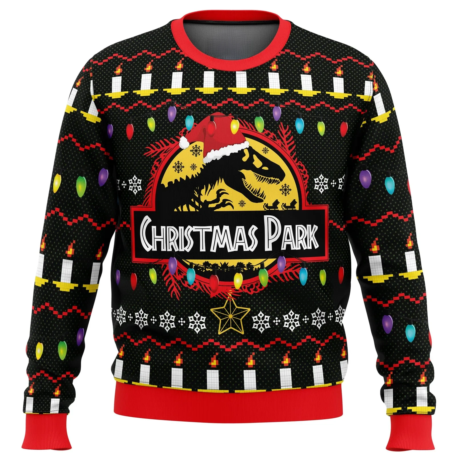 Christmas Park Jurassic Park Ugly Christmas Sweater, T-Rex Santa Hat Movie Holiday Sweater, Dinosaur Xmas Gift for 90s Film Fans