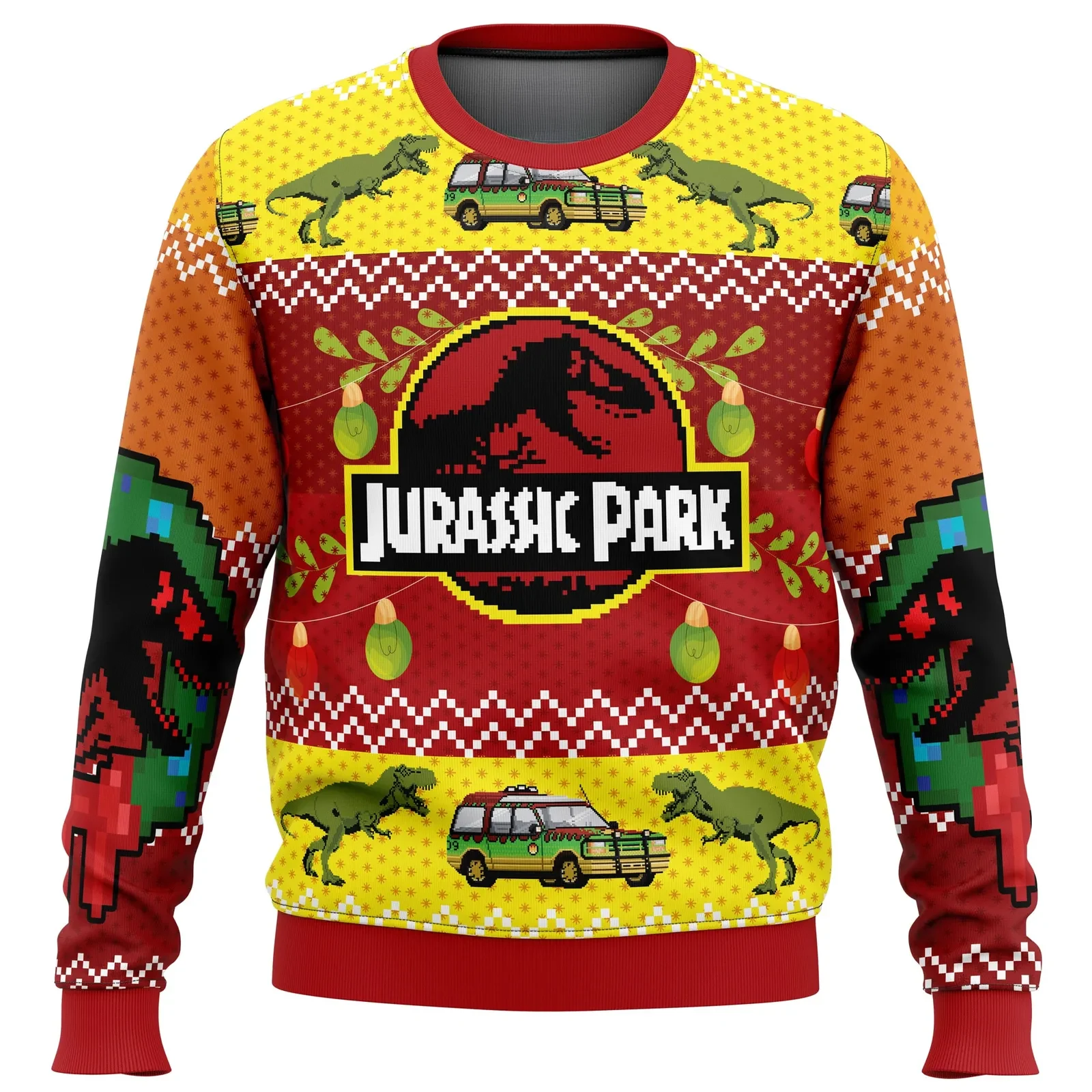 Jurassic Park Ugly Christmas Sweater, T-Rex Dinosaur Holiday Sweater, Tour Jeep and Christmas Lights Movie Xmas Gift for 90s Film Fans