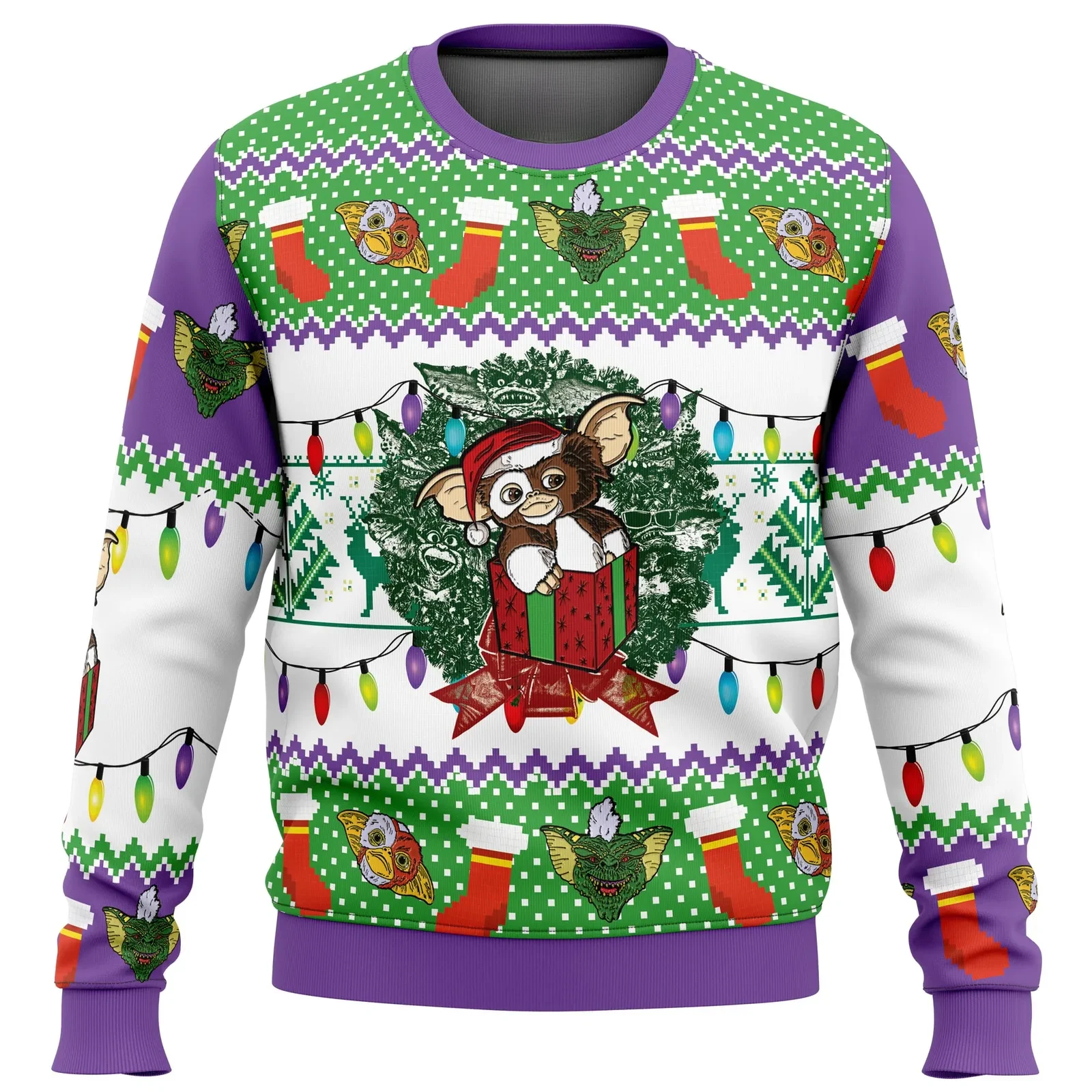Gremlins Gizmo Ugly Christmas Sweater, Santa Hat Mogwai Gremlins Holiday Sweater, Unisex All Over Print Classic Movie Xmas Gift for Fans