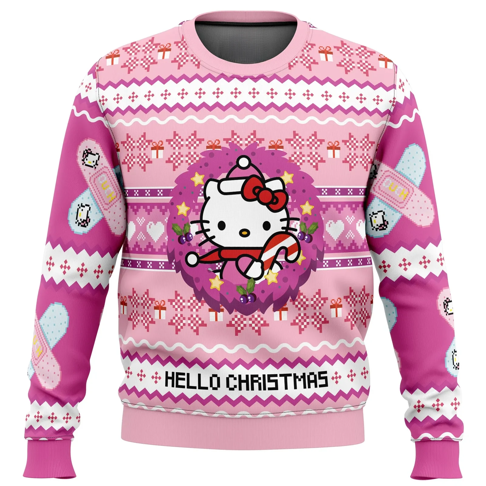 Hello Christmas Hello Kitty Ugly Christmas Sweater, Kawaii Pink Holiday Sweater, Cute Candy Cane Wreath Pullover, Xmas Gift for Sanrio Fans