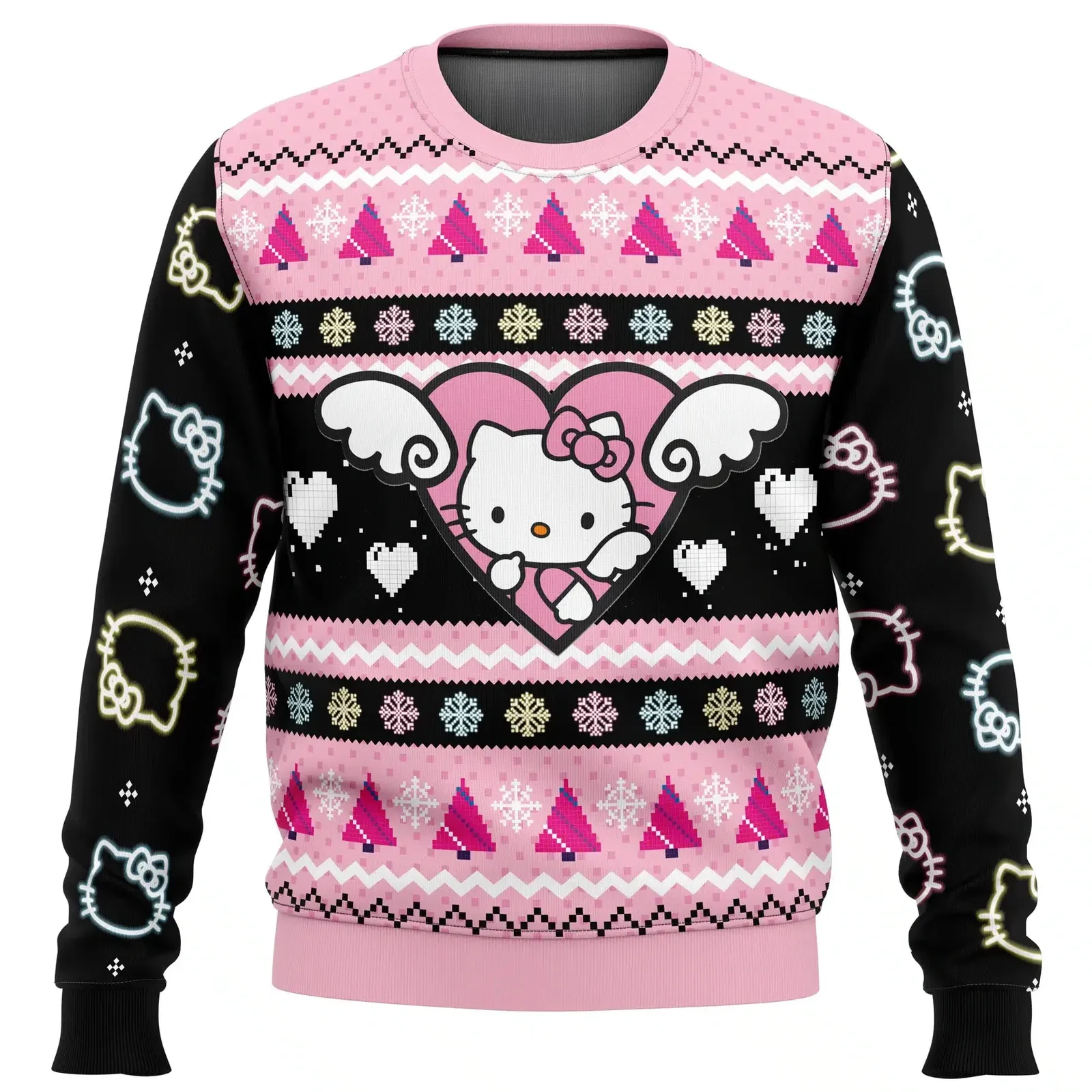 Hello Kitty Ugly Christmas Sweater, Kawaii Holiday Sweater, Pink and Black Winged Heart Unisex All Over Print Sweatshirt, Cute Xmas Gift