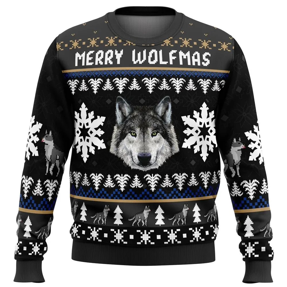 Merry Wolfmas Wolf Ugly Christmas Sweater, Howling Wolf Holiday Sweatshirt with Full Moon, Unisex Wolf Lover Xmas Gift for Animal Fans