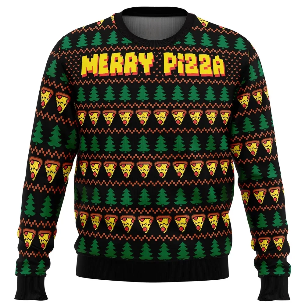 Merry Pizza Ugly Christmas Sweater, Pizza Lover Holiday Sweater, Funny Xmas Gift for Foodies, Pepperoni Slice Tree on Back, Unisex All Over Print