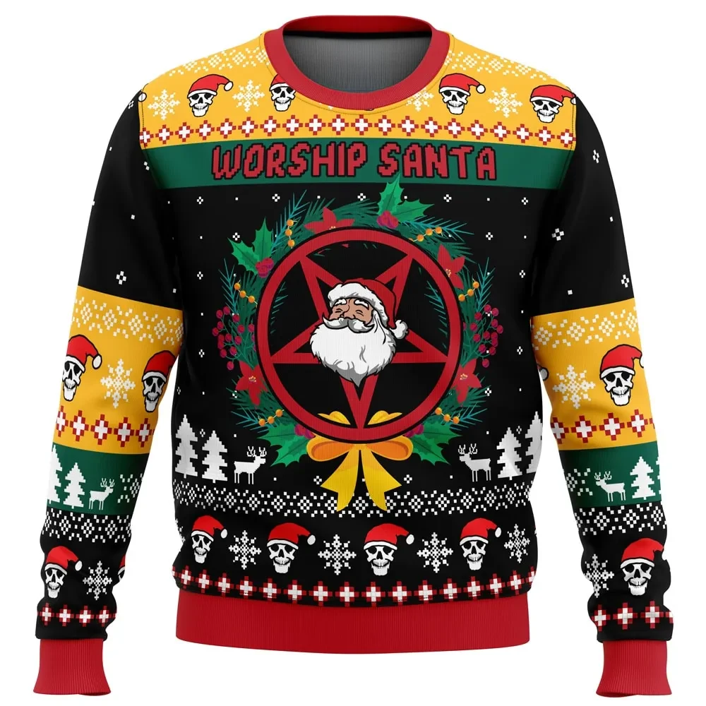 Worship Santa Ugly Christmas Sweater, Satanic Santa Pentagram Holiday Sweater, Skulls in Santa Hats, Funny Gothic Xmas Gift for Metalheads