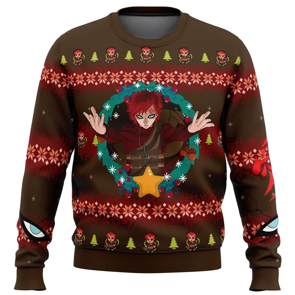 Gaara Naruto Shippuden Ugly Christmas Sweater, Naruto Holiday Sweater, Wreath and Gold Star Design, Anime Xmas Gift for Shinobi Fans