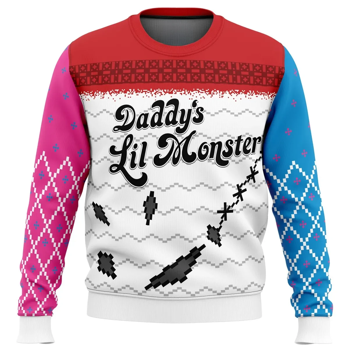 Harley Quinn Daddy's Lil Monster Ugly Christmas Sweater, Suicide Squad Holiday Sweater, Pink and Blue Diamond Sleeves, DC Xmas Gift