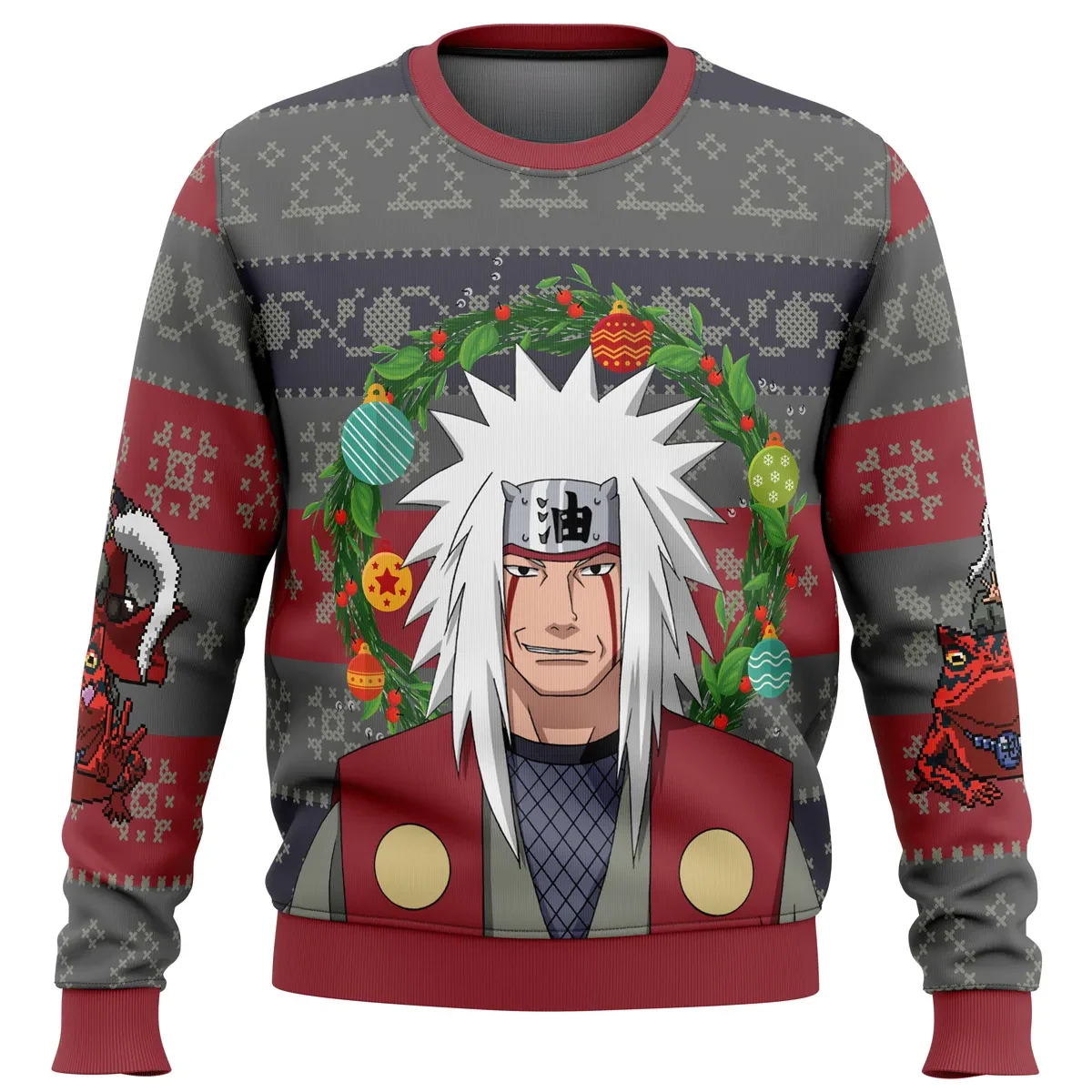 Jiraiya Naruto Shippuden Ugly Christmas Sweater, Toad Sage Christmas Wreath Anime Holiday Sweater, Unisex Xmas Sweatshirt, Gift for Otaku