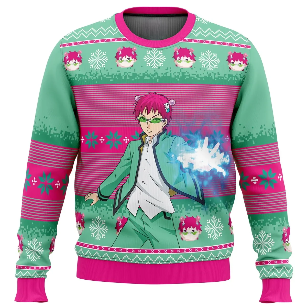 Saiki K Ugly Christmas Sweater, The Disastrous Life of Saiki K Holiday Sweatshirt, Psychic Comedy Anime Xmas Gift, Unisex All Over Print