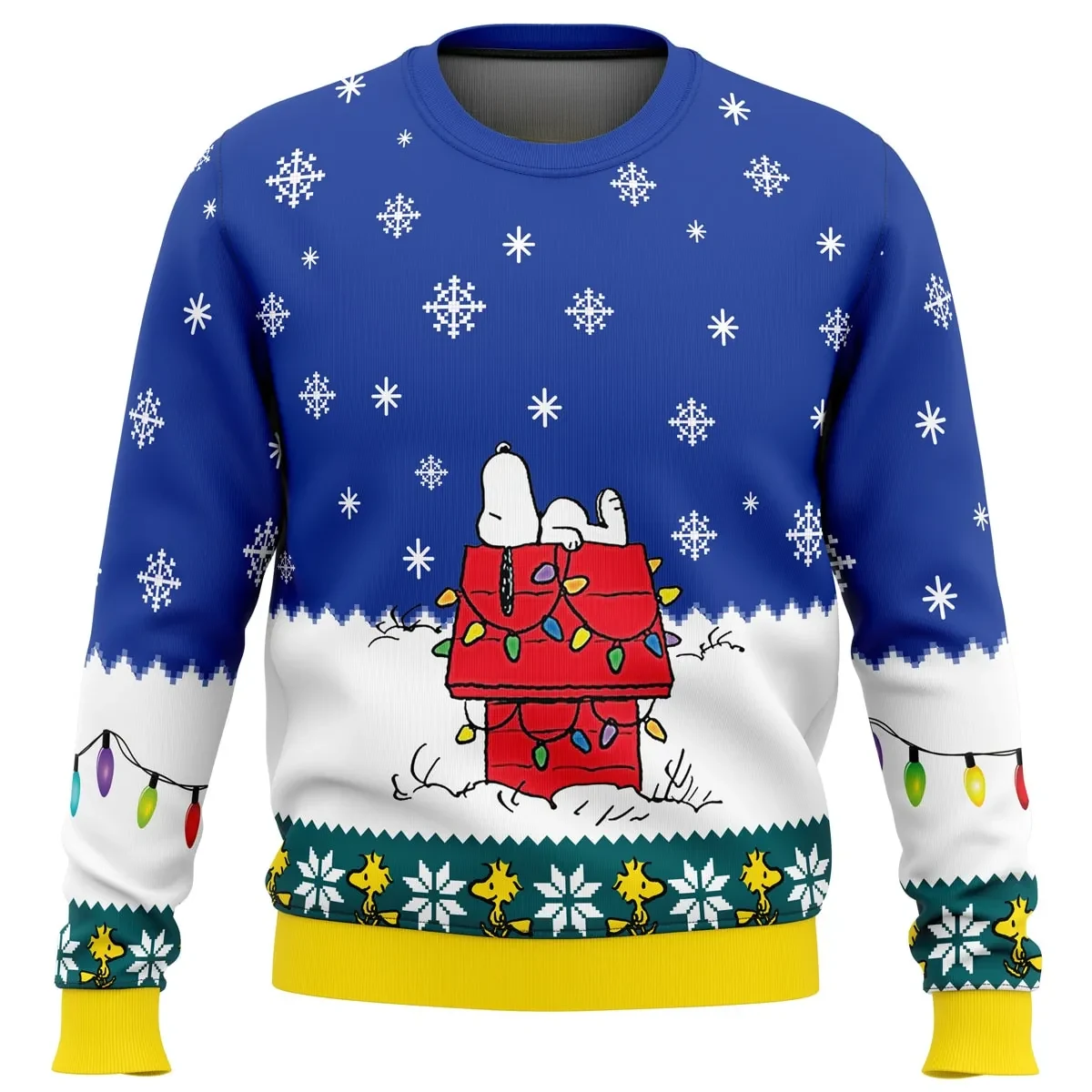 Snoopy Ugly Christmas Sweater, Peanuts Snoopy Doghouse Holiday Sweater, Woodstock and String Lights, Cartoon Xmas Gift, Unisex Pullover