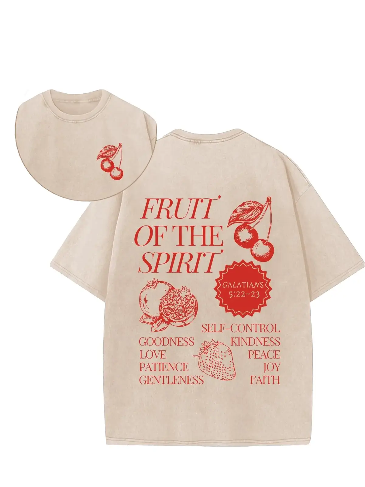 Fruit of the Spirit Galatians 5 22-23 Christian Graphic Tee, Vintage Whimsical Distressed Washed Double-Sided Heavyweight Oversized T-Shirt