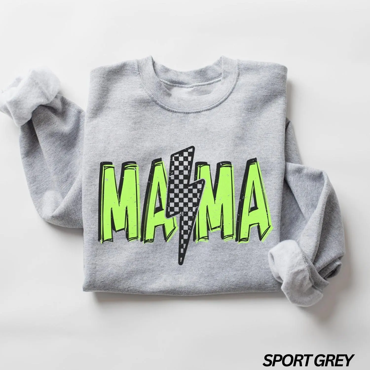 Checkered Mama Lightning Bolt Sweatshirt, Retro Neon Rock Mom Crewneck, Cool Mom Graphic Pullover for Mothers Day Unisex