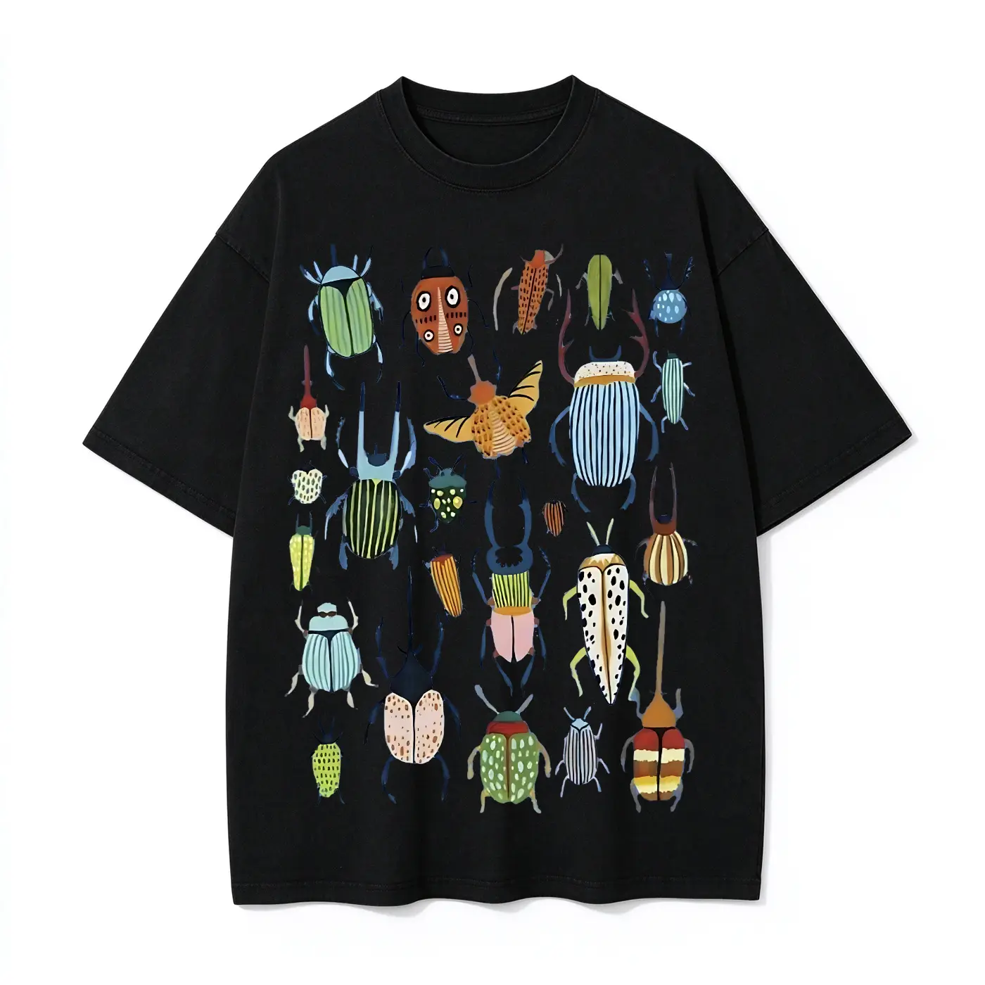 Vintage Beetle Insect Collection Graphic Tee, Distressed Washed Entomology Bug Print Oversized Cotton T-Shirt, Retro Nature Lover Streetwear