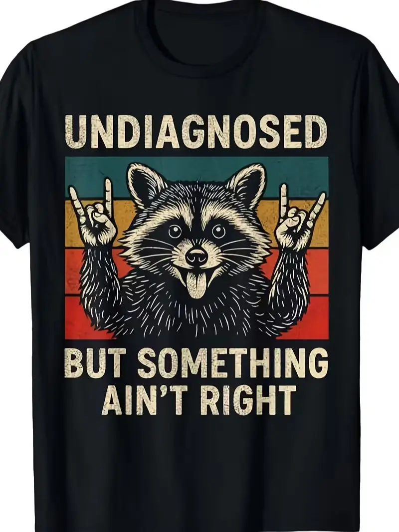Undiagnosed But Something Ain't Right Funny Raccoon Graphic Tee, Retro Vintage Sunset Stripes Trash Panda Meme T-Shirt, Unisex Cotton Black Shirt