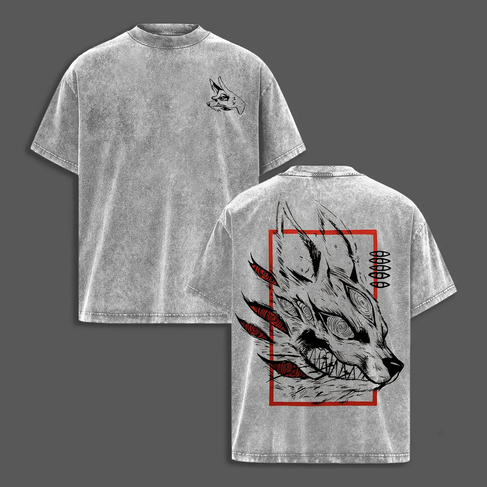Chainsaw Man Fox Devil Anime Graphic Tee, Retro Distressed Acid Wash Front and Back Print Heavy Cotton Loose Oversized Unisex T-Shirt