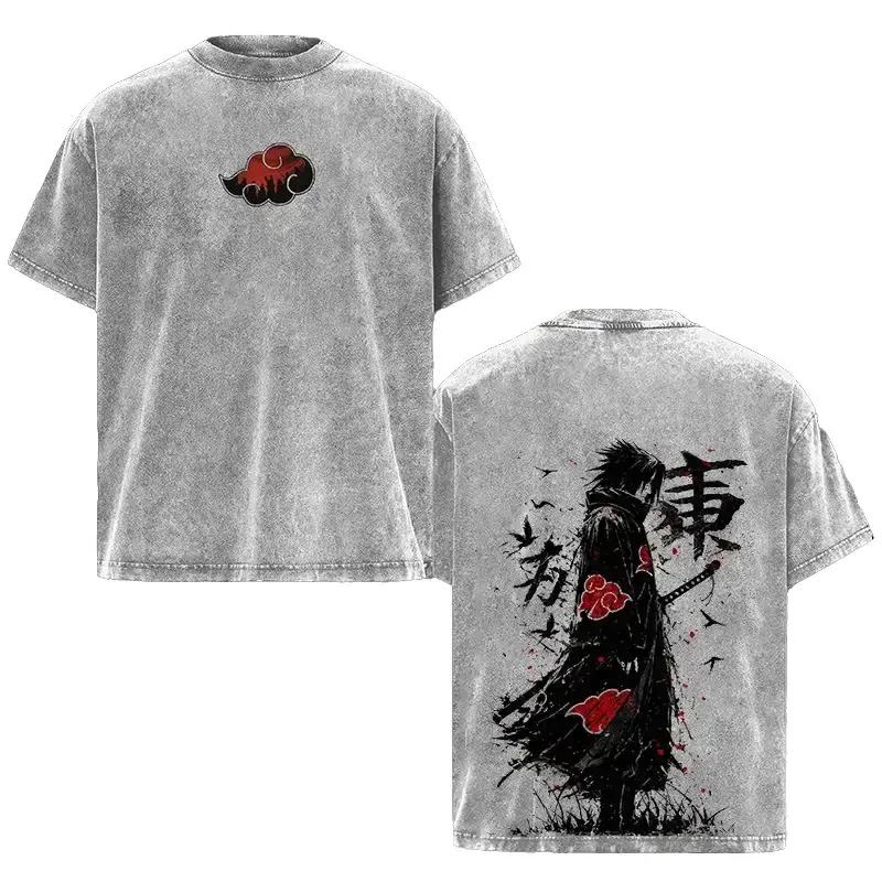 Naruto Sasuke Akatsuki Anime Graphic Tee, Retro Distressed Acid Wash Double-Printed Heavyweight Cotton Oversized Unisex Crew Neck T-Shirt