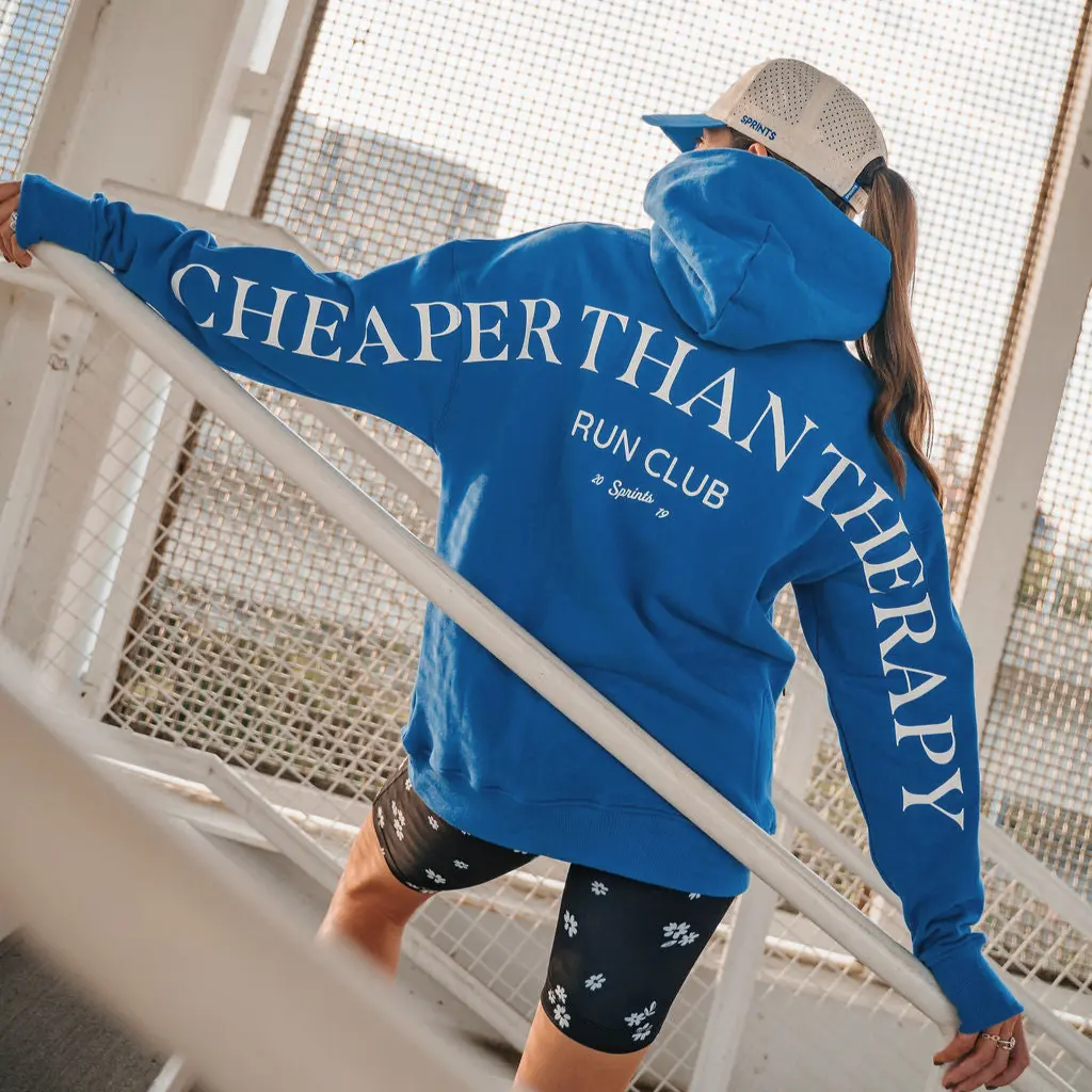 Sprints Run Club Graphic Running Hoodie, Cheaper Than Therapy Sleeve Print Athletic Streetwear Oversized Unisex Pullover for Men and Women