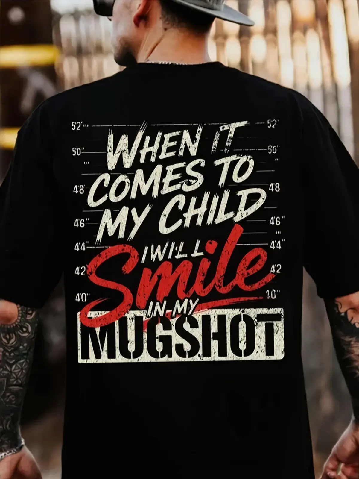 When It Comes to My Child I Will Smile in My Mugshot Back Print Graphic Tee, Funny Parent Streetwear Oversized Unisex Casual T-Shirt