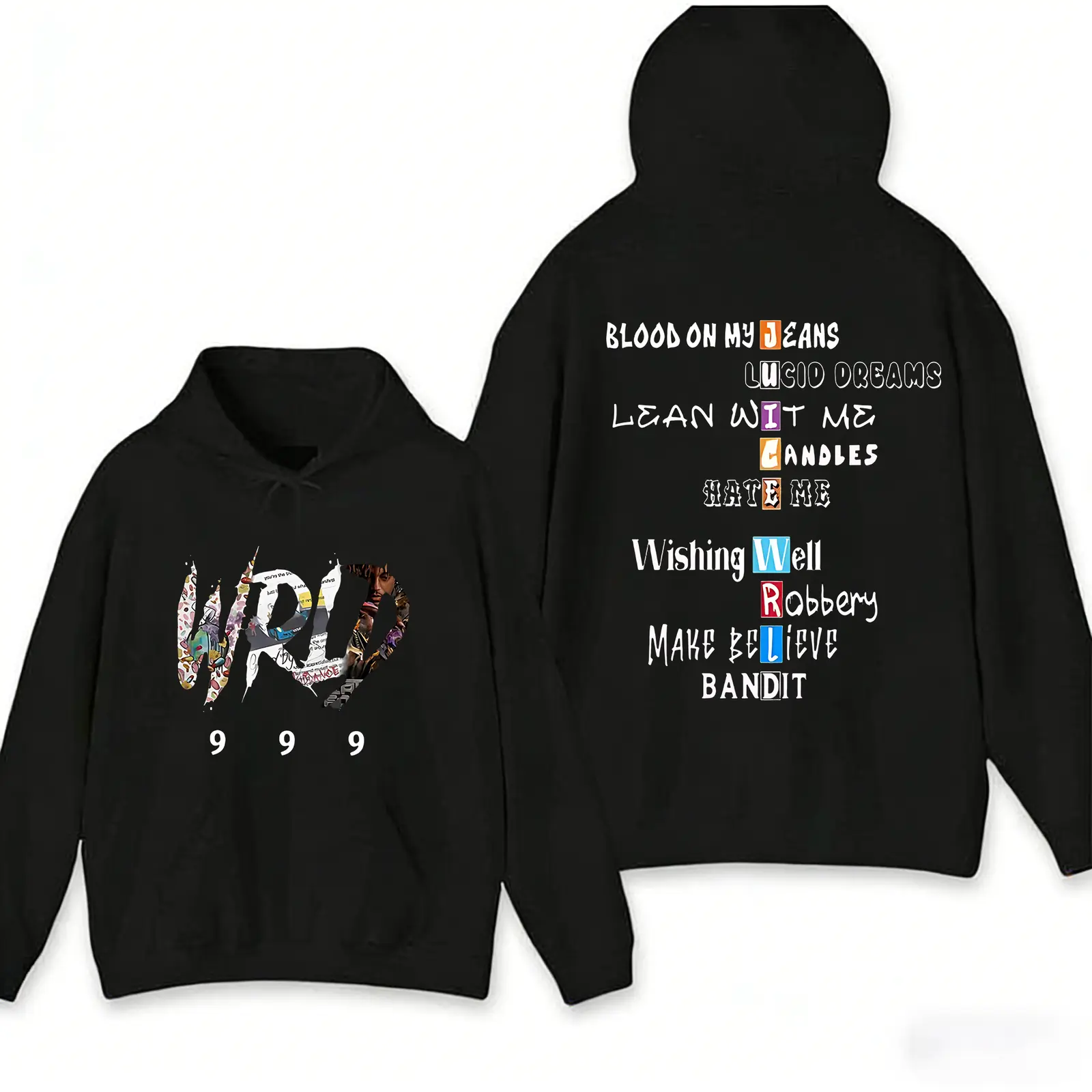 Juice WRLD 999 Tracklist Graphic Hoodie, Front and Back Print Rap Music Streetwear Pullover, Lucid Dreams Robbery Wishing Well Merch Hoodie
