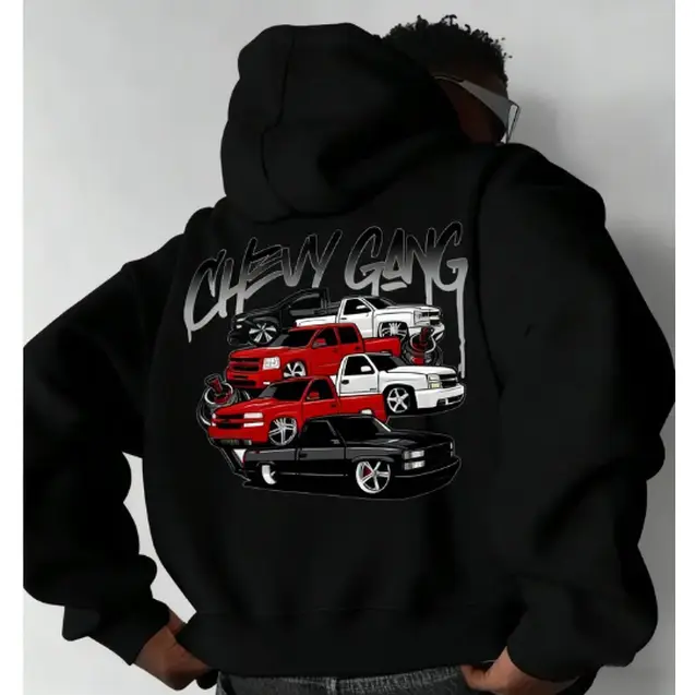 Chevy Gang Old School Classic Truck Graphic Hoodie, Vintage Pickup Car Lover Streetwear Double-Sided Print Cotton Pullover Hoodie for Men