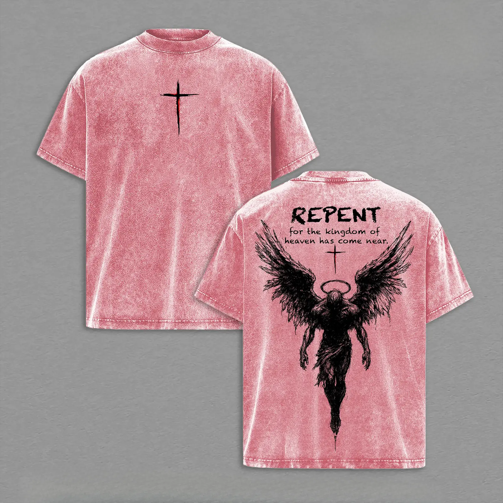 Repent the Kingdom of Heaven Has Come Near Christian Angel Wings Graphic Tee, Vintage Acid Washed Faith Worship Oversized Retro T-Shirt