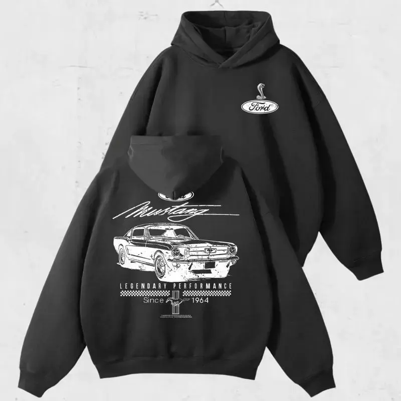 Ford Mustang 1964 Legendary Performance Classic Muscle Car Hoodie, Retro Cobra Double-Sided Graphic Vintage Auto Pullover Sweatshirt