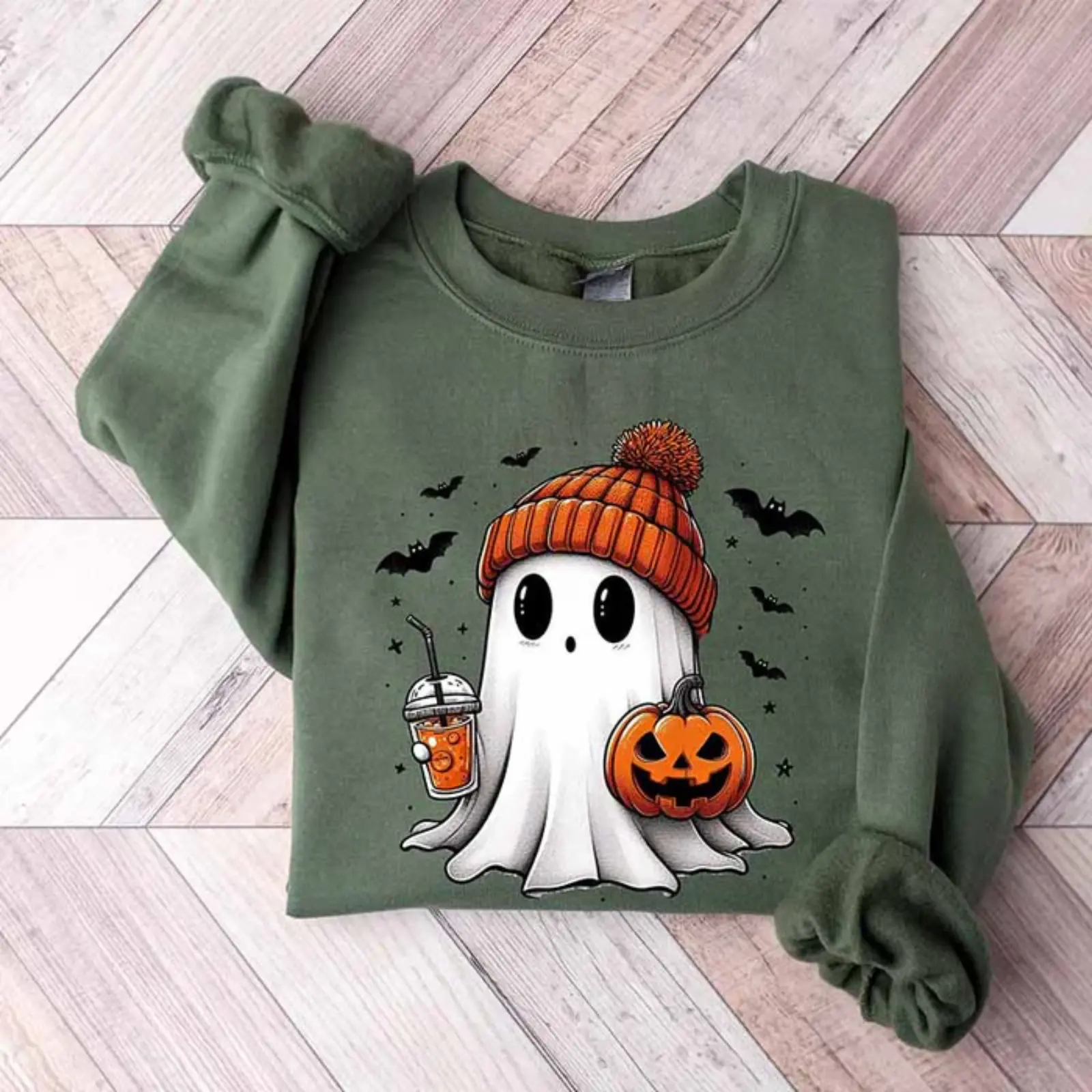Cute Ghost in Beanie with Pumpkin and Iced Coffee Halloween Sweatshirt, Funny Spooky Vintage Crewneck Ghost Sweater, Fall Graphic Top