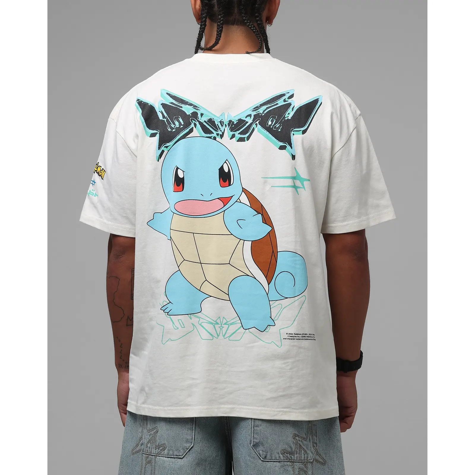 Pokemon by Loiter Squirtle Heavyweight Oversized Tee, Anime Streetwear Front and Back Graphic Drop Shoulder Off White T-Shirt