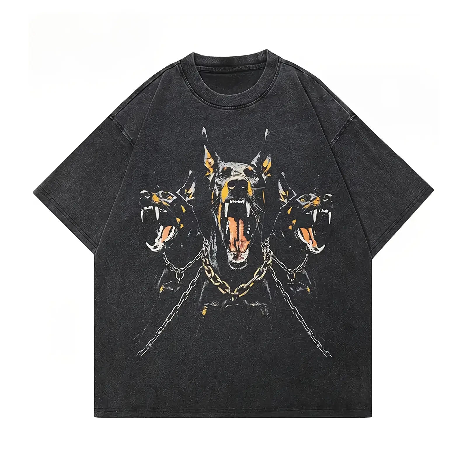 Roaring Doberman Dog Graphic Tee, Vintage Acid Washed Black T-Shirt with Bold Chained Three-Headed Dog Design, Oversized Cotton Street Style Top