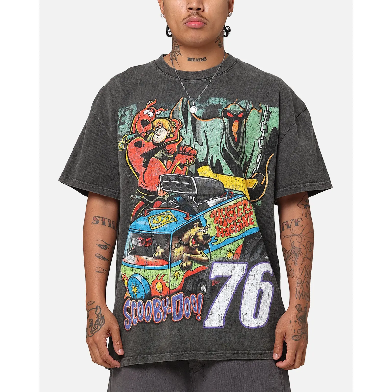 Scooby-Doo Mystery Machine 76 Racing Vintage Graphic Tee, Jumbo Double-Sided Print Black Wash Heavyweight Oversized T-Shirt