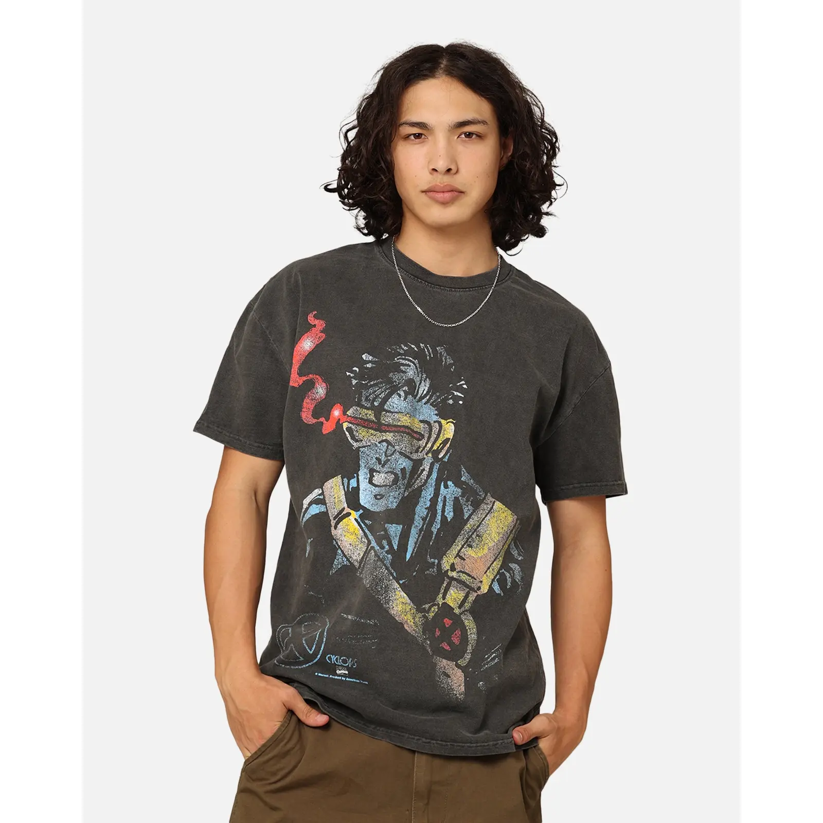 Marvel X-Men Cyclops Vintage Comic Graphic T-Shirt, Black Wash Heavyweight Oversized Tee with Front and Back Print, Retro Superhero Streetwear