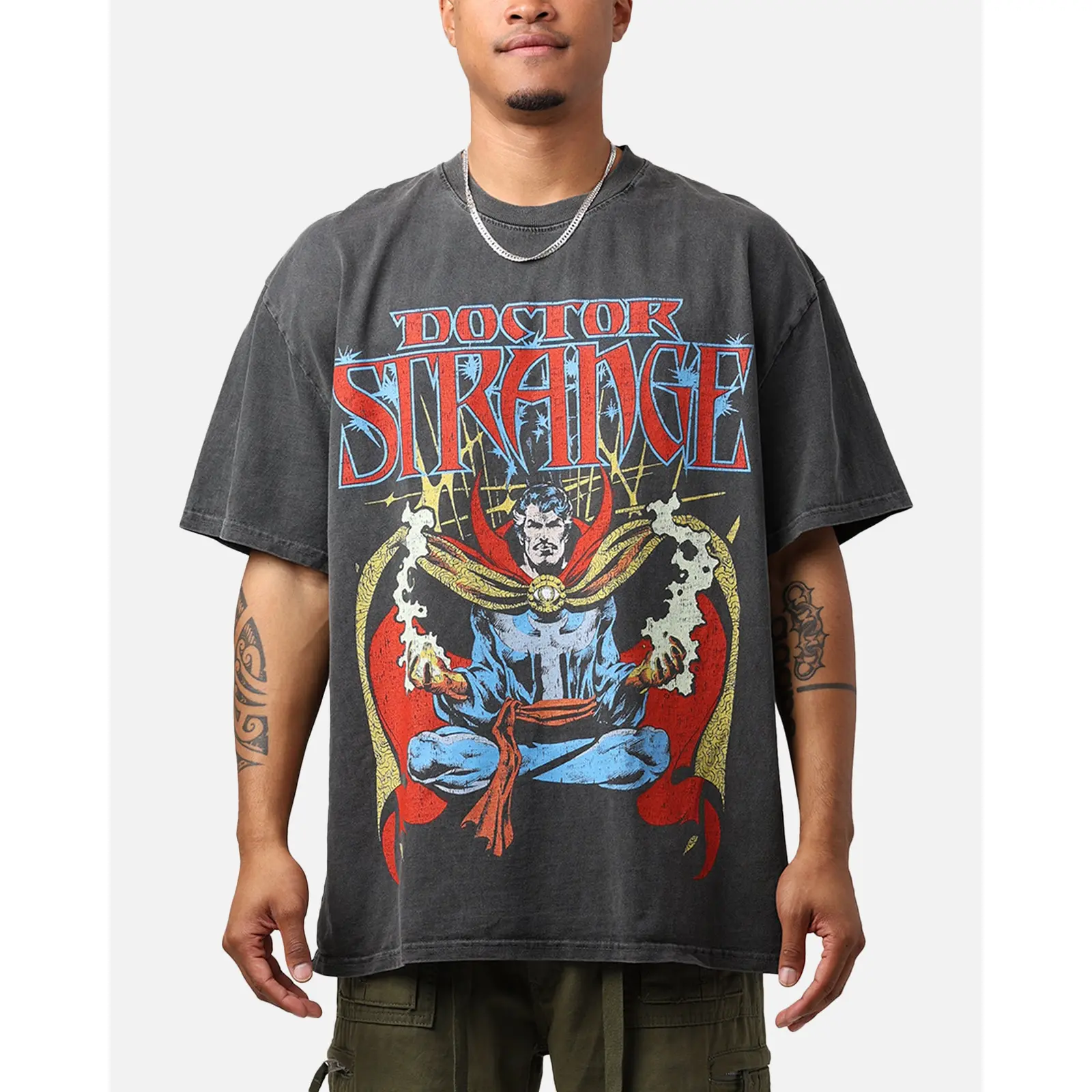 Marvel Doctor Strange Vintage Comic Graphic Tee, Heavyweight Black Wash Front and Back Print Oversized T-Shirt, Retro Superhero Streetwear