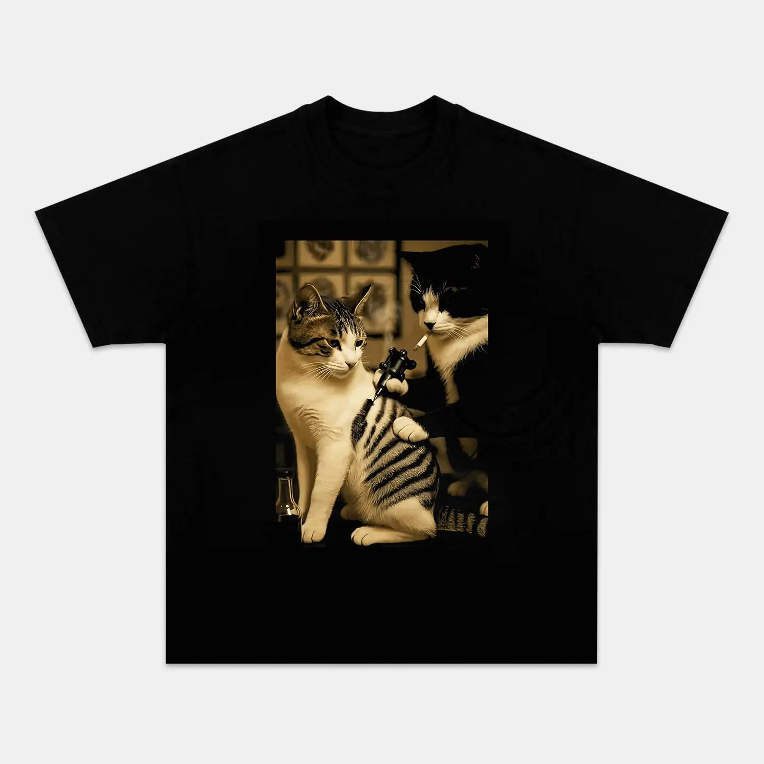 Funny Cat Tattoo Artist Retro Graphic T-Shirt, Distressed Washed or Classic Black Cotton Tee, Casual Streetwear Unisex Regular Fit Top