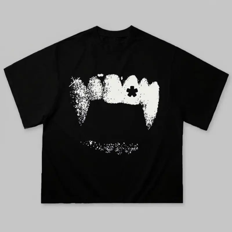 Vampire Fangs Grunge Graphic Tee, Harajuku Street Hip Hop Y2K Vintage T-Shirt, Y2K Clothing Streetwear Unisex Cotton Crewneck Top