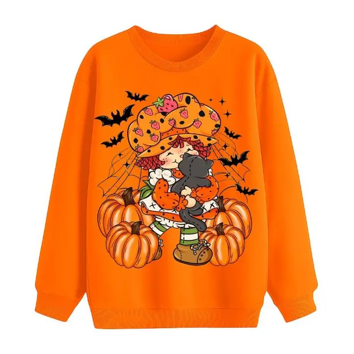 Strawberry Shortcake Halloween Sweatshirt, Cute Pumpkin and Black Cat Fall Crewneck, Vintage Bats Spooky Vibes Retro Cozy Autumn Pullover
