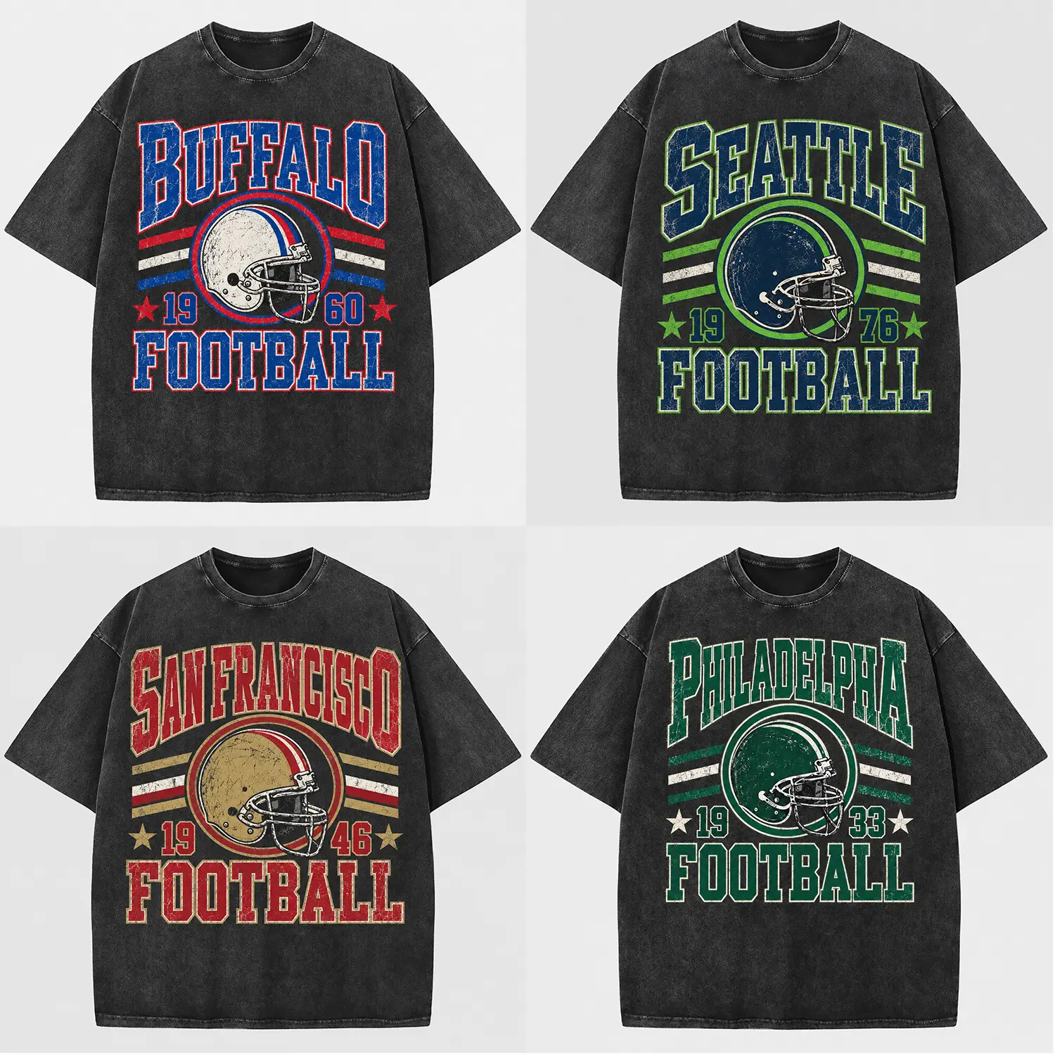 Vintage Washed Football T-Shirt with Retro City Team Helmet Graphic, Oversized Distressed Game Day Sports Fan Tee