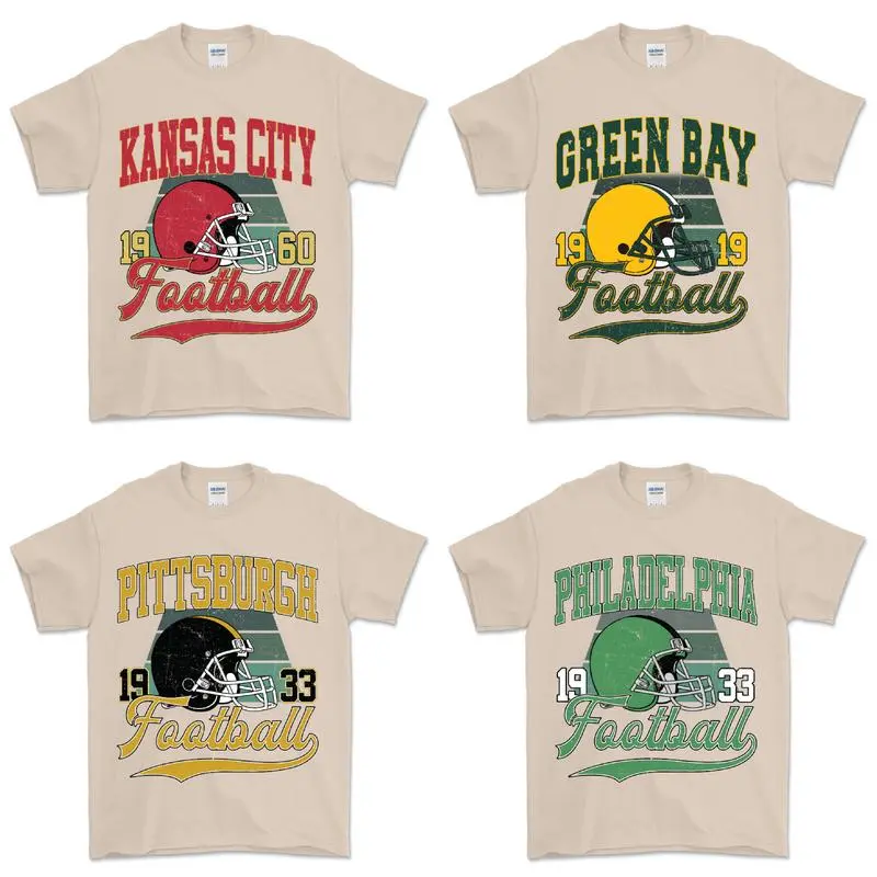 Vintage Football City Fan Graphic Tee, All 32 Teams Retro Helmet Kansas City Pittsburgh Green Bay Buffalo Dallas Sand Edition T-Shirt