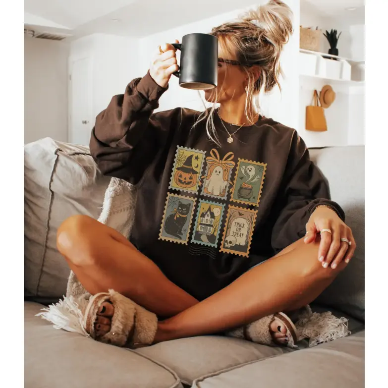Vintage Halloween Postage Stamp Ghost Sweatshirt, Trick or Treat Aesthetic Retro Fall Outfit Spooky Season Unisex Crewneck Pullover Sweater