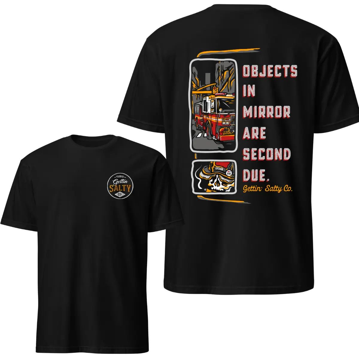 Objects In Mirror Are Second Due Firefighter Graphic Tee, Vintage Fire Truck Front and Back Print Fire Rescue Unisex Cotton T-Shirt