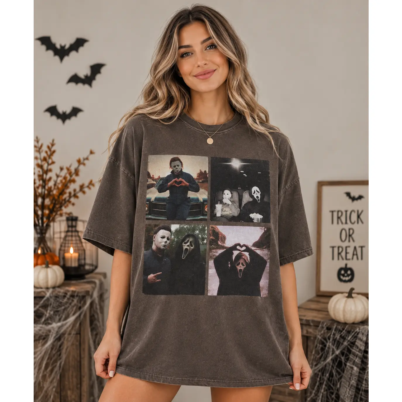 Michael Myers and Ghostface Horror Art Graphic Tee, Funny Vintage Slasher Movie Collage Halloween Streetwear Soft Cotton T-Shirt