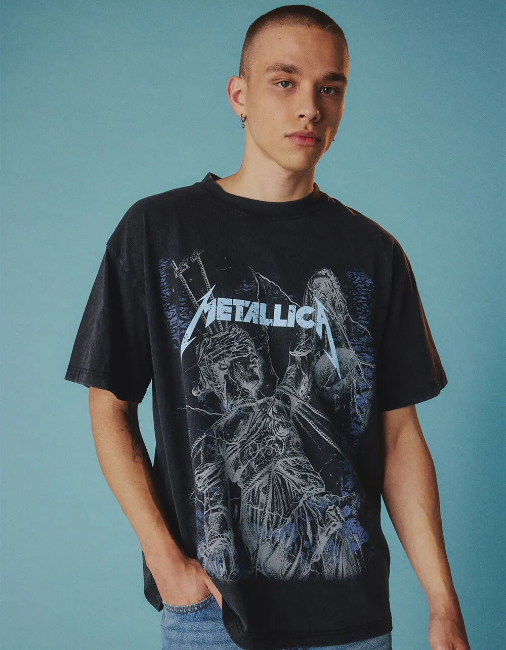 Metallica And Justice for All Boxy Tee, Vintage Washed Black Heavy Metal Band Graphic T-Shirt, Lady Justice Album Art Front and Back Print Top