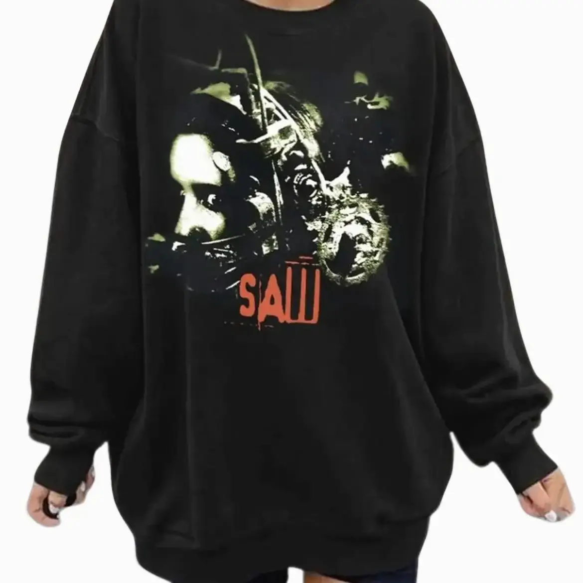 Saw Horror Movie Poster Jigsaw Head Trap Graphic Sweatshirt, Vintage Halloween Retro Horror Fan Unisex Crewneck Gildan Fleece Pullover