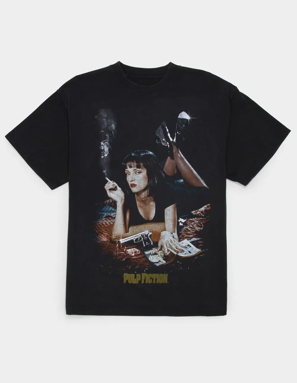 Pulp Fiction Mia Wallace Movie Poster Graphic Tee, Vintage 90s Tarantino Cult Film Front and Back Print Washed Black Boxy Fit Mens T-Shirt