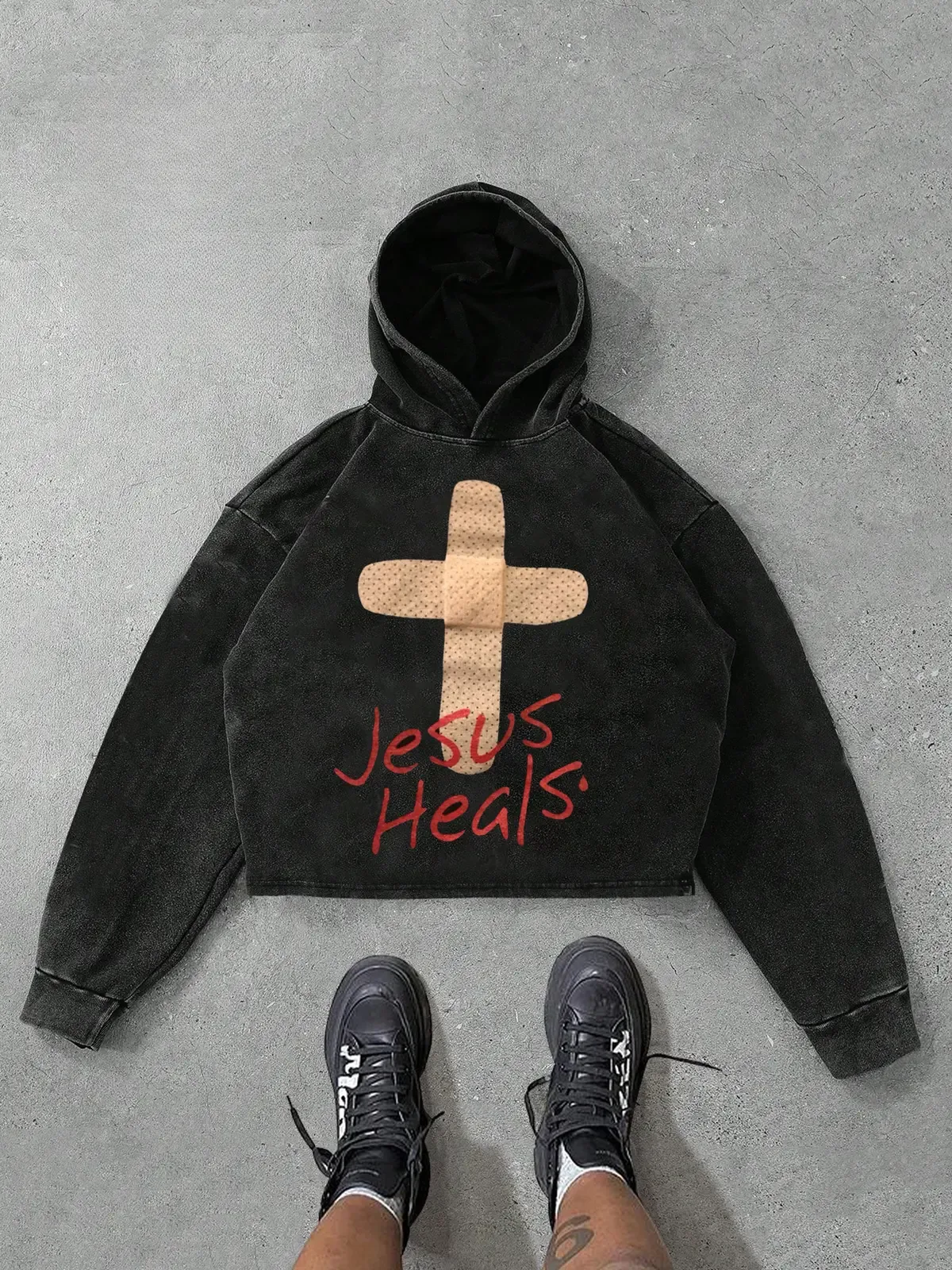 Jesus Heals Bandage Cross Christian Graphic Hoodie, Vintage Wash Faith Print Hooded Sweatshirt Fall Winter Unisex Streetwear Pullover