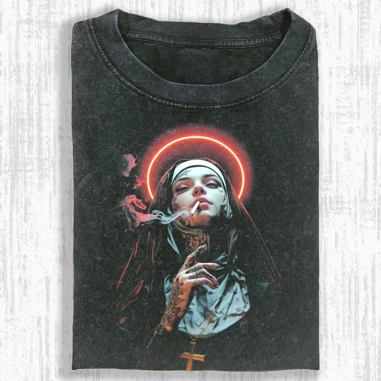 Retro Smoking Nun with Neon Halo Graphic Tee, 90s Vintage Distressed Print Oversized Washed T-Shirt for Men, Gothic Streetwear Relaxed Fit Top