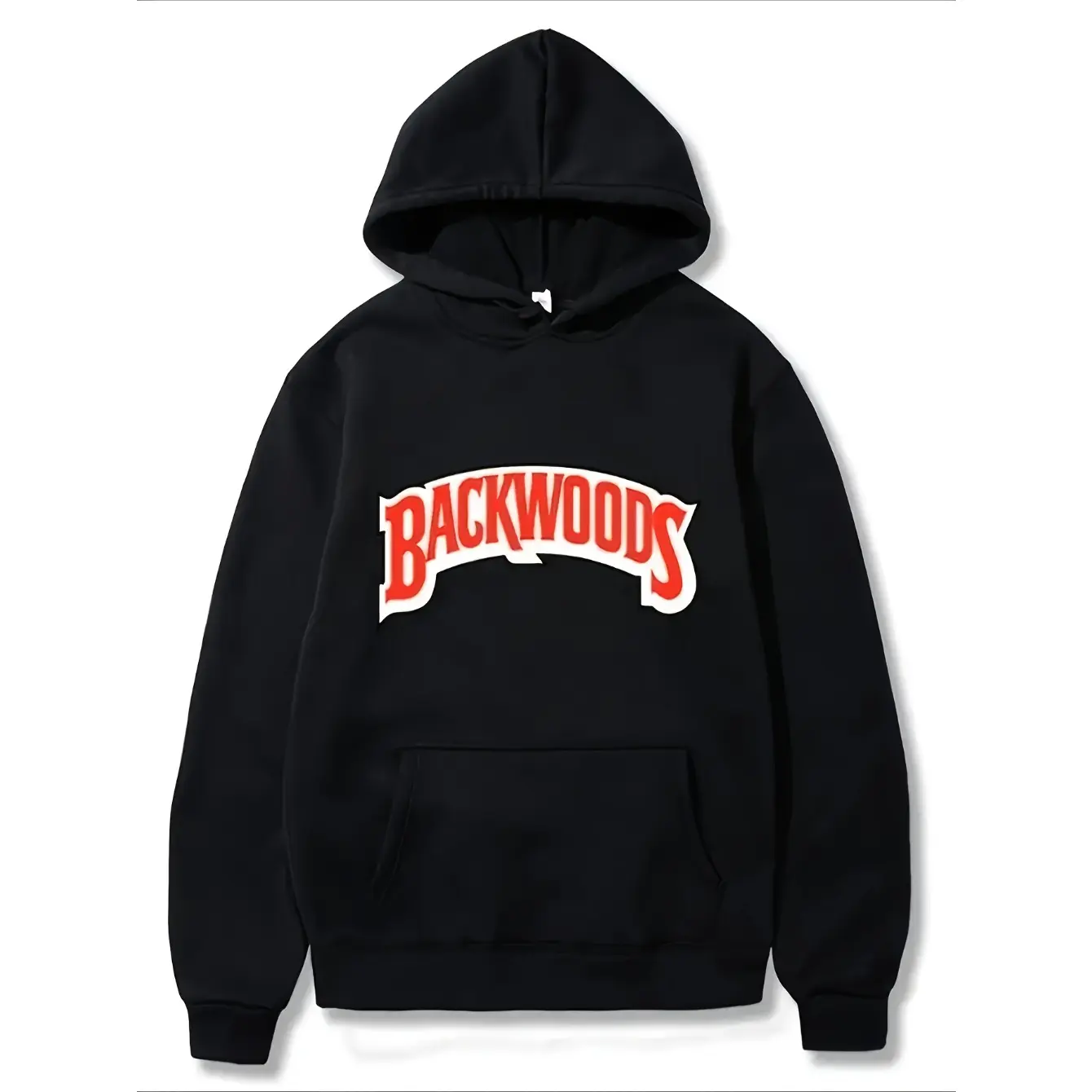 Backwoods Arched Logo Graphic Hoodie, Retro Cigar Brand Art Style Streetwear Pullover, Soft Cotton Poly Blend Fleece Men's Black Hoodie