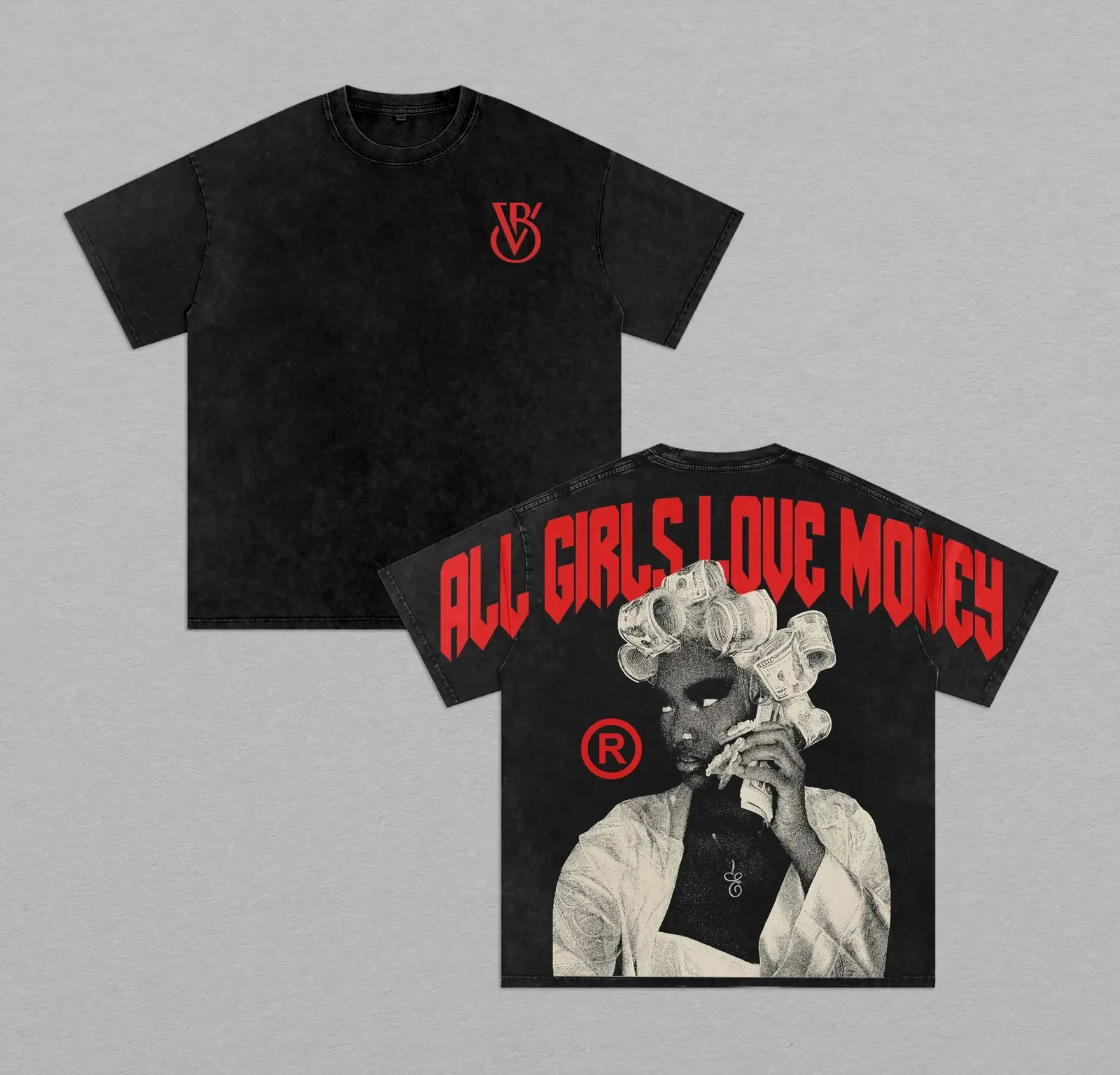 All Girls Love Money Vintage Washed Graphic Tee, Retro Hip Hop Streetwear Back Print Oversized Heavy Cotton Aesthetic Unisex T-Shirt