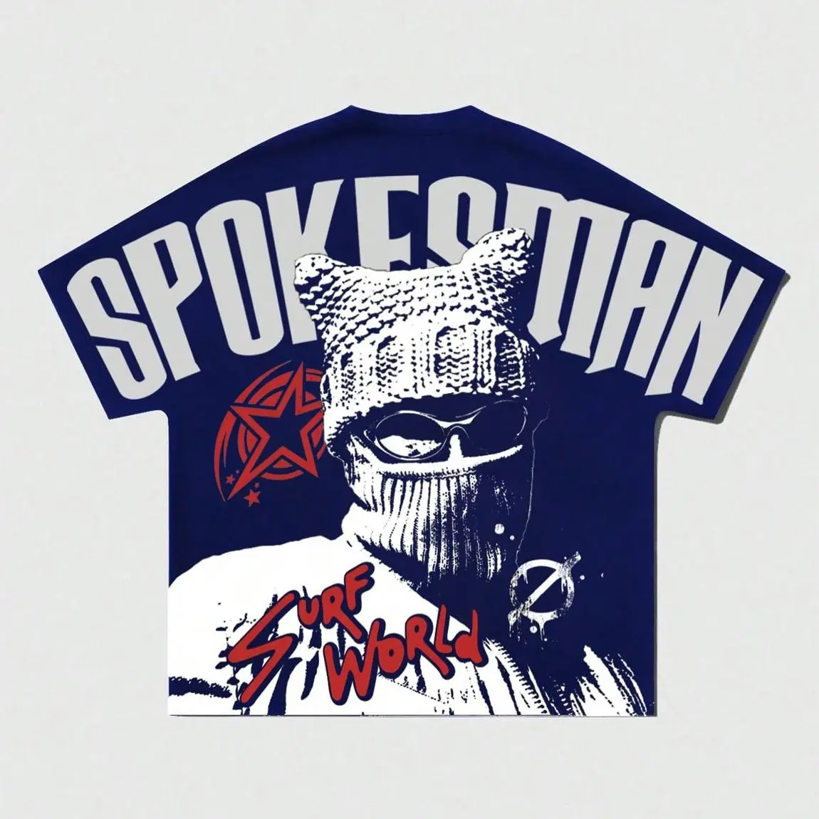 Spokesman Simple Things Y2K Punk Graphic Tee, Masked Figure Surf World Back Print Retro Streetwear Double-Sided Loose Fit Short Sleeve T-Shirt