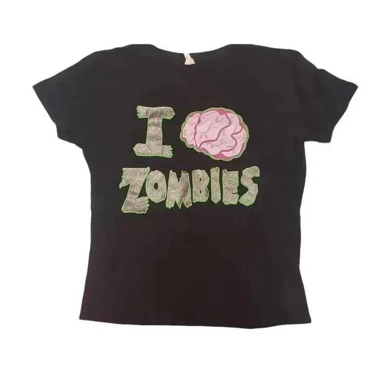 Vintage I Love Zombies Brain Baby Tee, Y2K Goth Grunge Emo Girl Aesthetic 2000s Streetwear Women's Downtown Girl Baby T-Shirt
